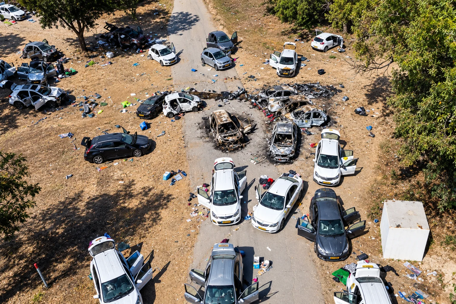 Vista aérea de vehículos abandonados y quemados entre los árboles.